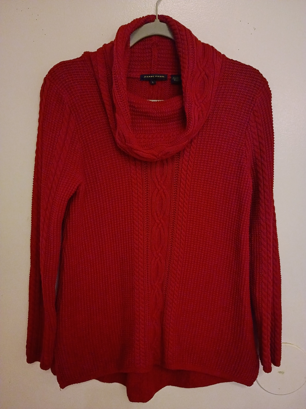JEANNE PIERRE Red Cable Cowl-Neck Sweater Cotton Sz L